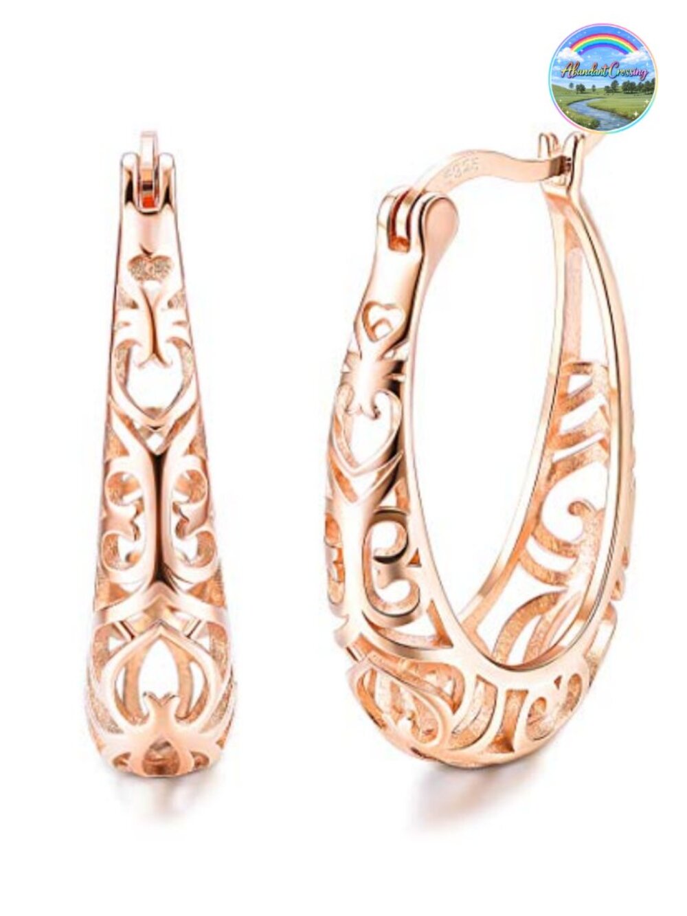 925 Sterling Silver Hoop Earrings 18K White Gold Plated Filigree Oval